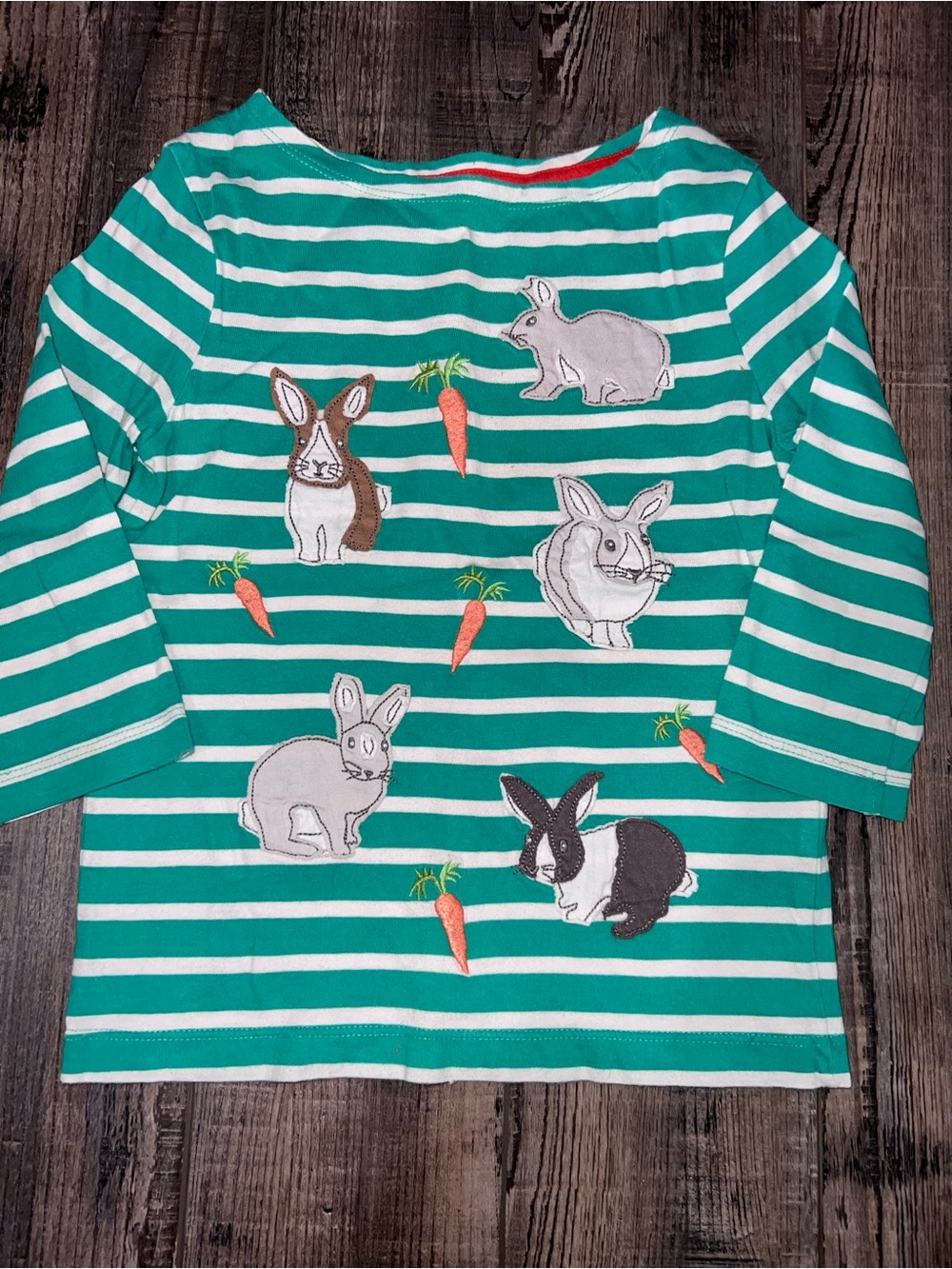 Mini Boden Green Striped Kids Bunny Tee with Carrot Appliqués